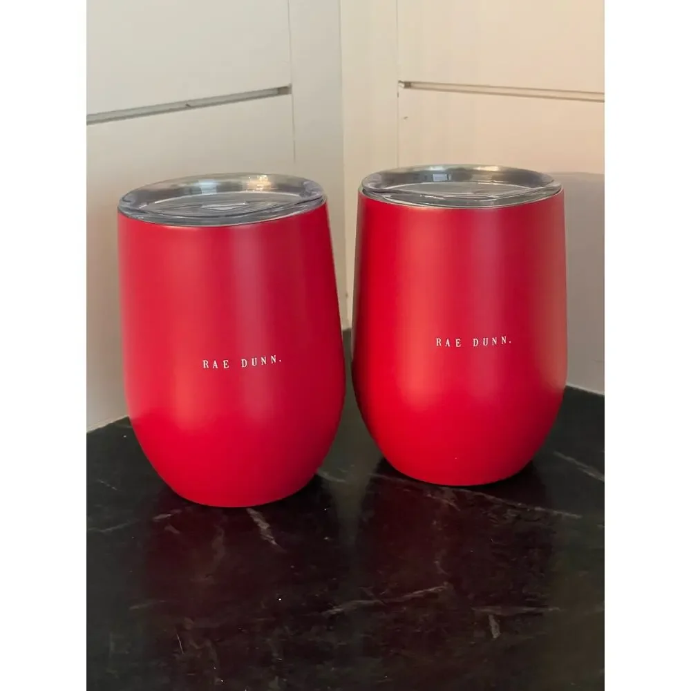 Rae Dunn set of 2 Stainless cherry Red Wine glasses 12oz love you.
